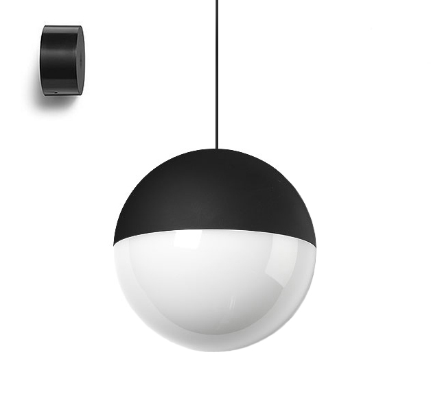 FLOS lampe à suspension STRING LIGHT SPHÈRE 22 mètres avec rosace au mur NOIR