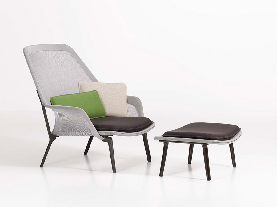 VITRA fauteuil SLOW CHAIR & OTTOMAN (Marron / Crème - Base aluminium revêtement chocolat / Revêtemen