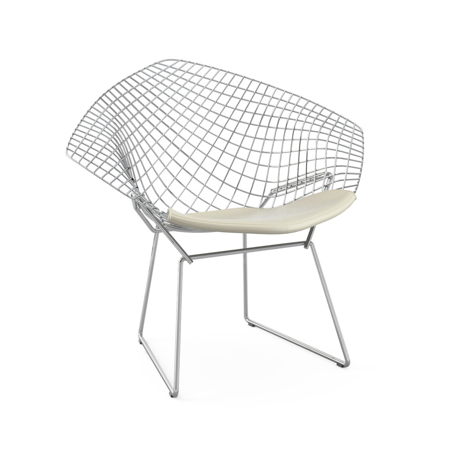 KNOLL fauteuil avec coussin BERTOIA DIAMOND (Structure chromée / Coussin Blanc - Acier / Vinyl)