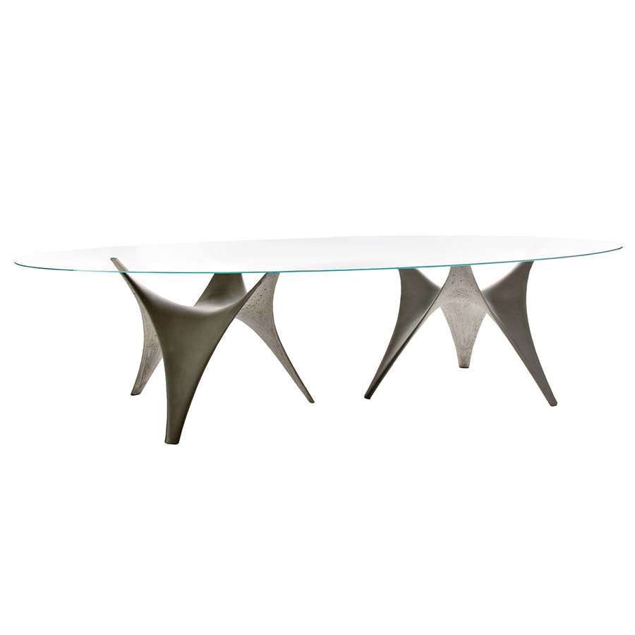 MOLTENI & C table ovale ARC 300 x 140 cm (Bronze - Verre trasparente extraclair et ciment)