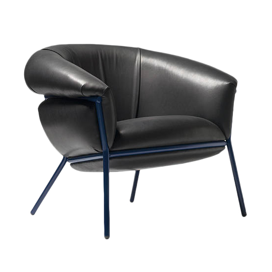 BD BARCELONA DESIGN fauteuil GRASSO (Anthracite Grey F27 et structure bleu - cuir Florida Cat. F et acier verni)