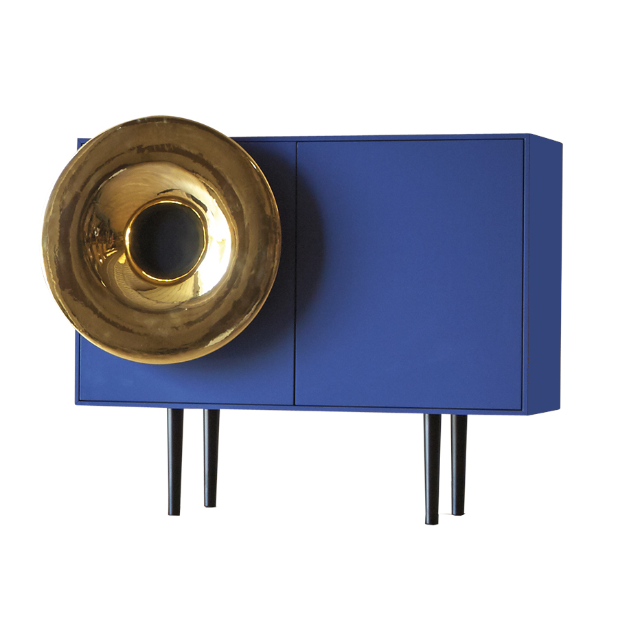 MINIFORMS cabinet avec système audio intégré CARUSO (Bleu profond, trompette d'or - bois et céramiqu
