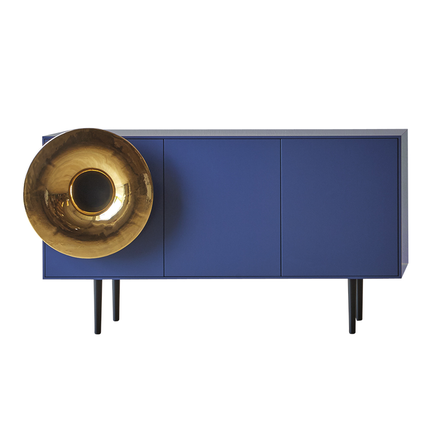MINIFORMS meuble avec système audio intégré CARUSO XL (Bleu profond, trompette d'or - bois et cérami