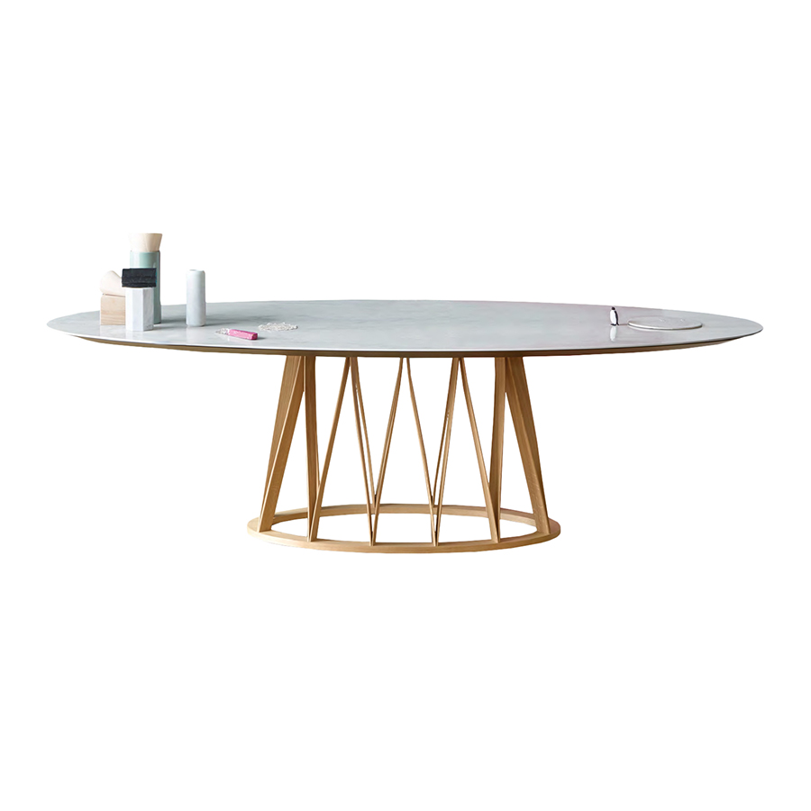 MINIFORMS table ovale ACCO 240x120 cm (Plateau Statuario blanc et base en chêne flammé - bois et cér