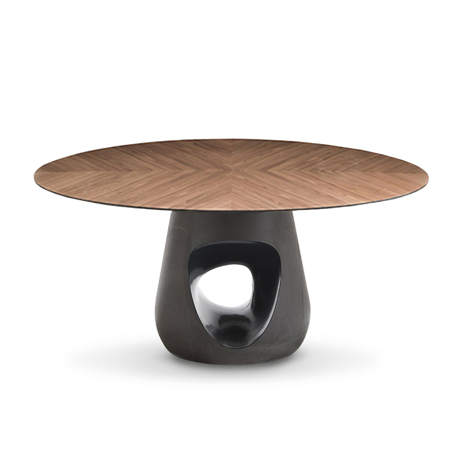 HORM table ronde BARBARA Ø 140 cm (Noyer foncé - plateau en bois et base en ciment gris foncé)