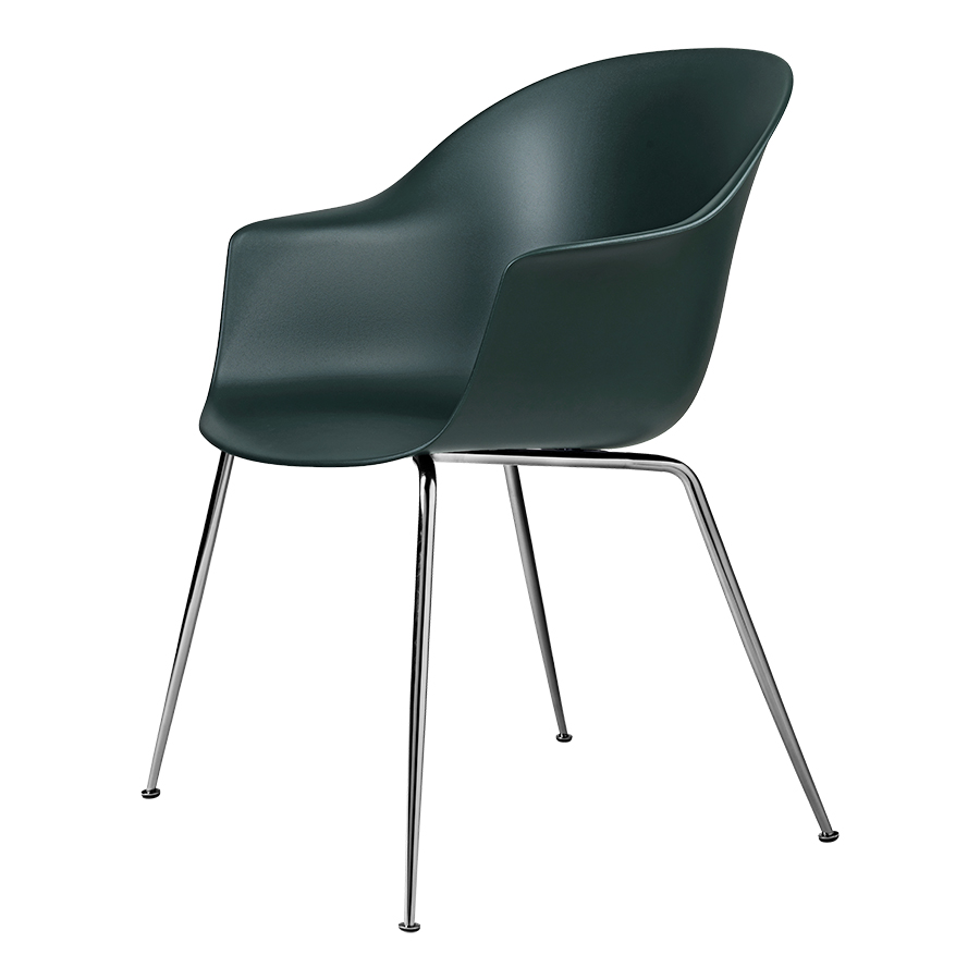 GUBI chaise avec accoudoirs BAT DINING CHAIR avec la base chrome (Dark green - polypropylène et acie