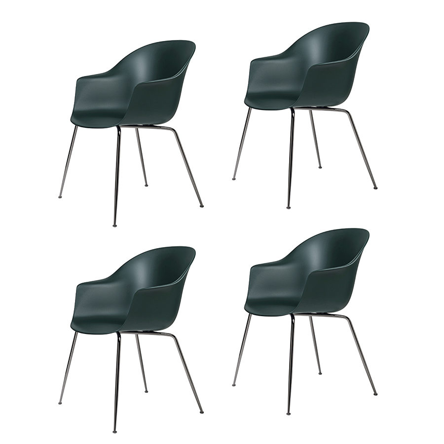 GUBI set de 4 chaises avec accoudoirs BAT DINING CHAIR base chrome noir (Dark green - polypropylène 