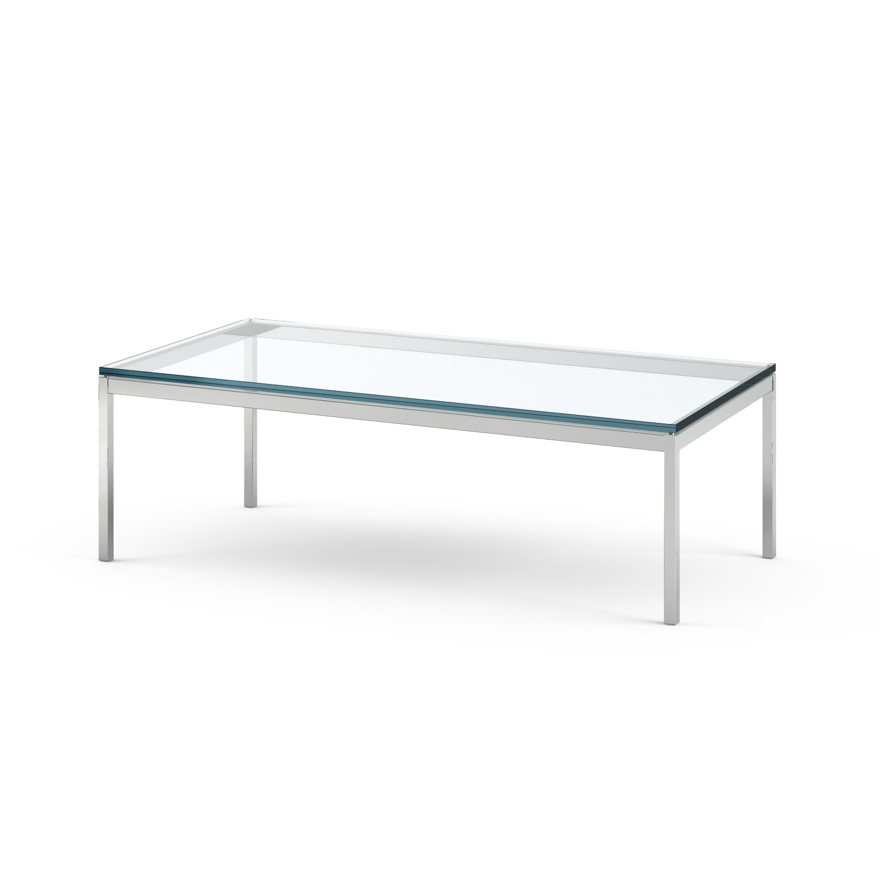 KNOLL table basse FLORENCE KNOLL 114 x 57 x H 35 cm (Verre transparent - Acier chromé poli)