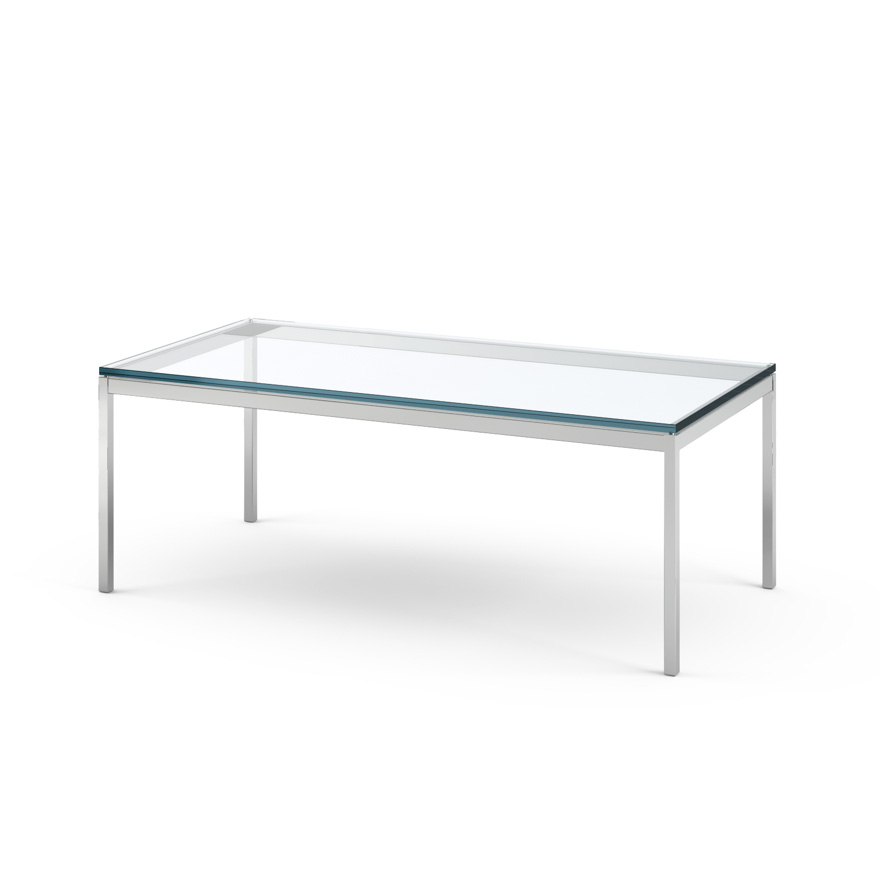 KNOLL table basse FLORENCE KNOLL 114 x 57 x H 43 cm (Verre transparent - Acier chromé poli)