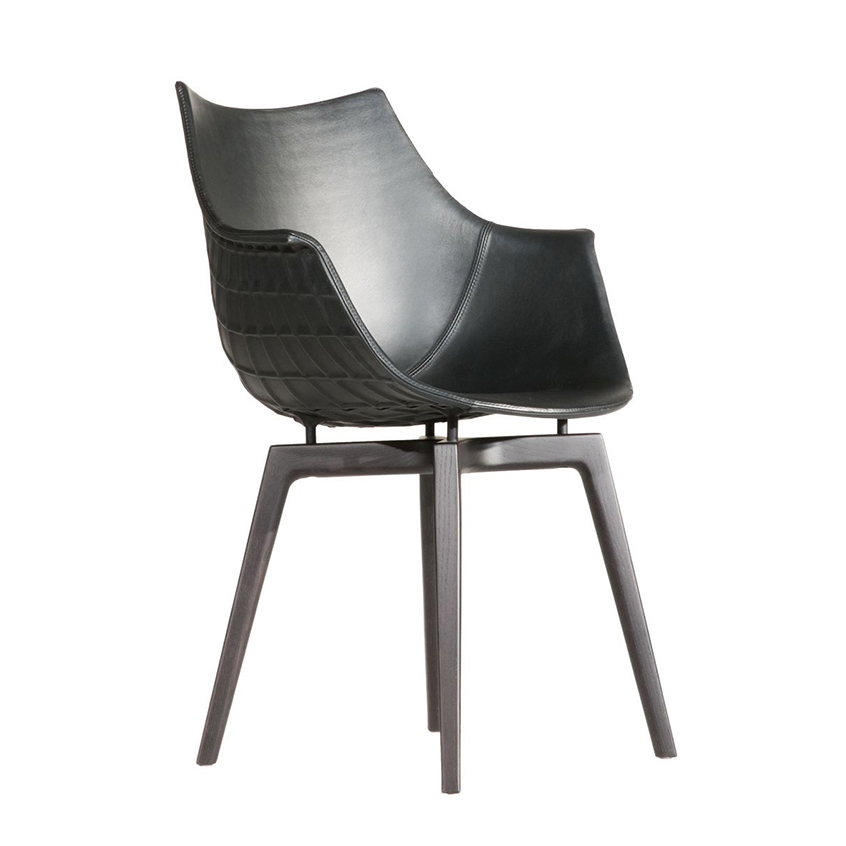DRIADE fauteuil avec la base en bois MERIDIANA (Noir - Cuir Cat. B/ Frêne charbon)