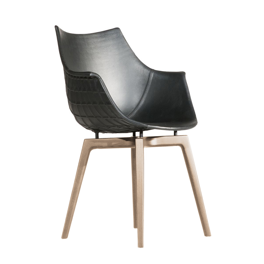 DRIADE fauteuil avec la base en bois MERIDIANA (Noir - Cuir Cat. B/ Frêne naturel)