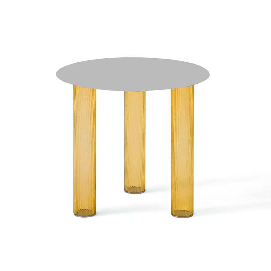 ZANOTTA table basse ronde ECHINO Ø 48 x H 44 cm (Ambre - Verre soufflé et plan nickel satiné)