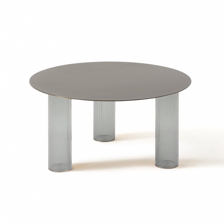 ZANOTTA table basse ronde ECHINO Ø 68 x H 34 cm (Fumé - Verre soufflé et plan nickel satiné)