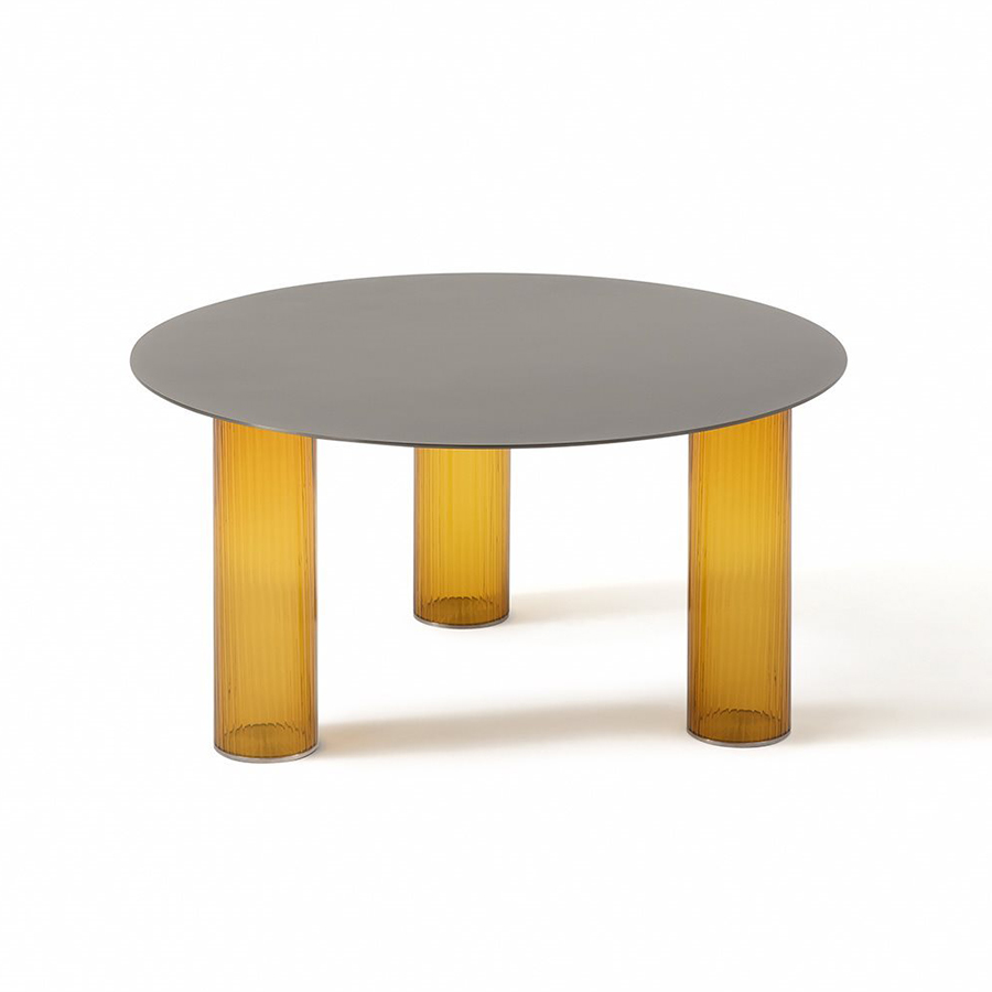 ZANOTTA table basse ronde ECHINO Ø 68 x H 34 cm (Ambre - Verre soufflé et plan nickel satiné)