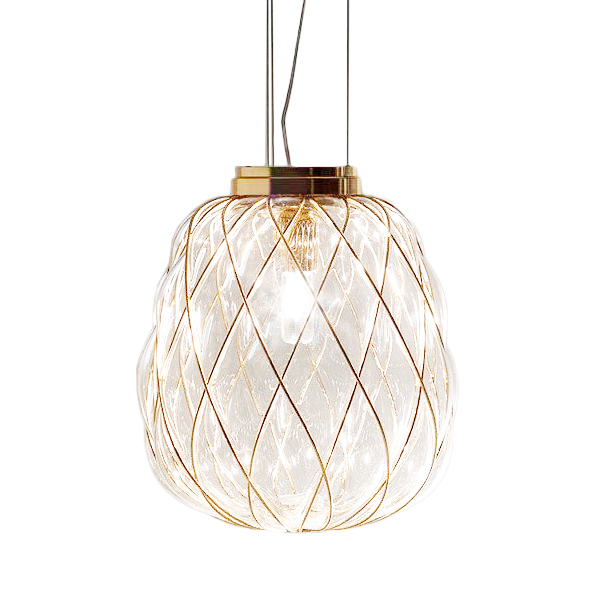 FONTANA ARTE lampe de suspension PINECONE Ø 30 cm (Transparente / Cage or - Verre soufflé et métal)