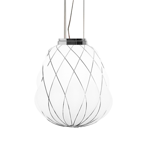 FONTANA ARTE lampe de suspension PINECONE Ø 30 cm (Blanc / Cage chromée - Verre soufflé et métal)