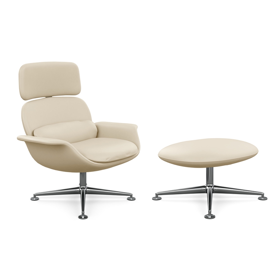 KNOLL fauteuil pivotant KN02 avec ottoman KN03 en cuir avec dossier haut inclinable (Volo Parchment