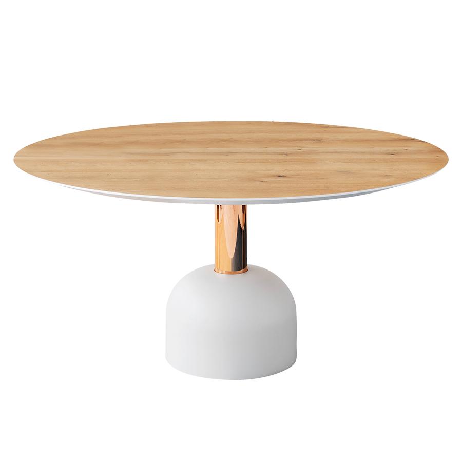 MINIFORMS table ronde ILLO Ø 140 cm (Plateau vintage en chêne, colonne cuivre, base blanche - Bois p