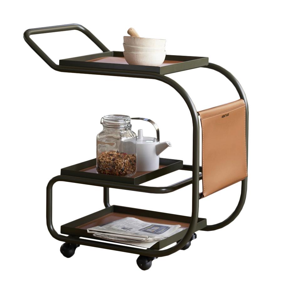 OPINION CIATTI chariot à aliments ZENZERO (Vert mat RAL 6006 - Acier peint et cuir naturel)