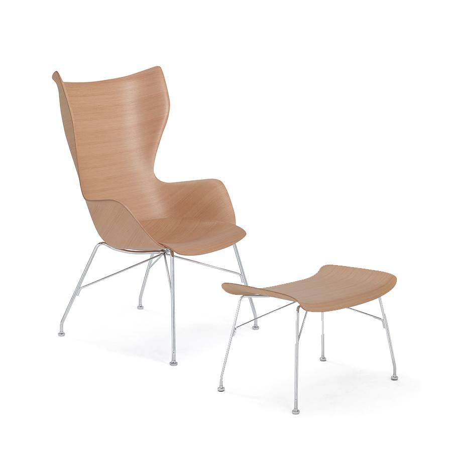 KARTELL fauteuil K/WOOD avec le pouf S/WOOD SMART WOOD (Clair, base chromée - bois palqué et acier)