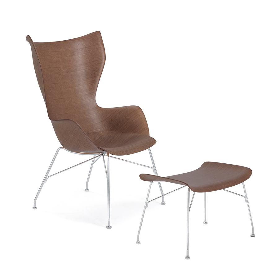 KARTELL fauteuil K/WOOD avec le pouf S/WOOD SMART WOOD (foncé, base chromée - bois palqué et acier)