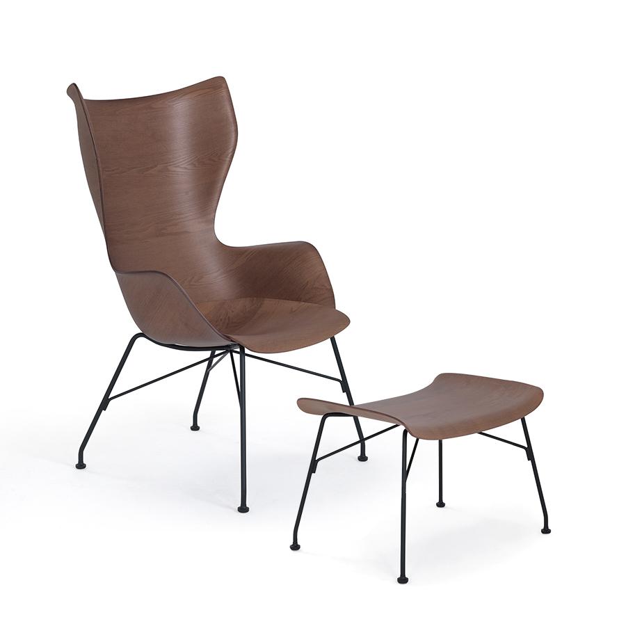 KARTELL fauteuil K/WOOD avec le pouf S/WOOD SMART WOOD (Foncé, base noire - frêne et acier)