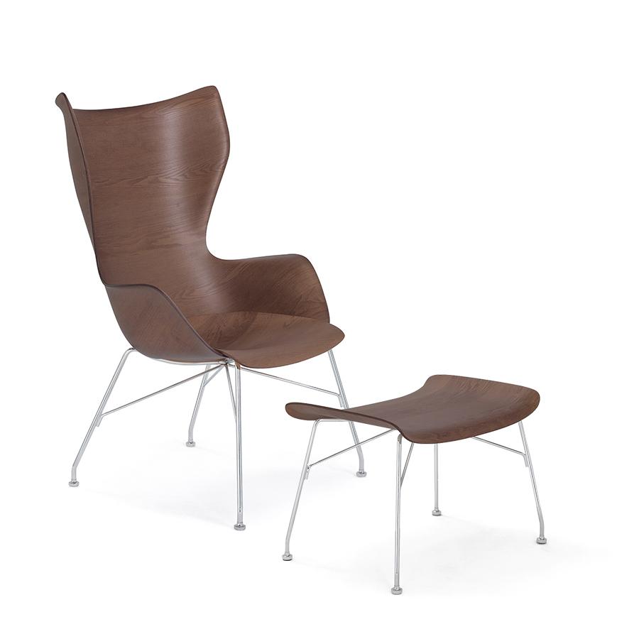 KARTELL fauteuil K/WOOD avec le pouf S/WOOD SMART WOOD (foncé, base chromée - frêne et acier)