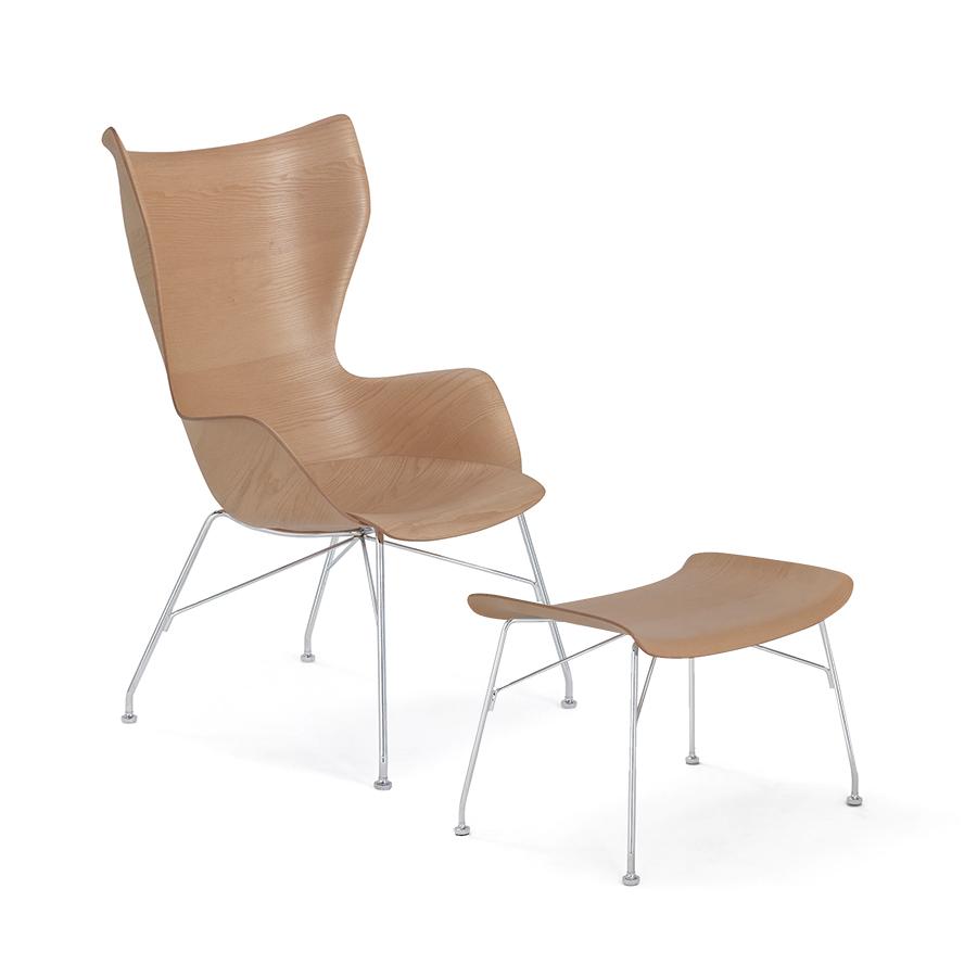 KARTELL fauteuil K/WOOD avec le pouf S/WOOD SMART WOOD (Clair, base chromée - frêne et acier)
