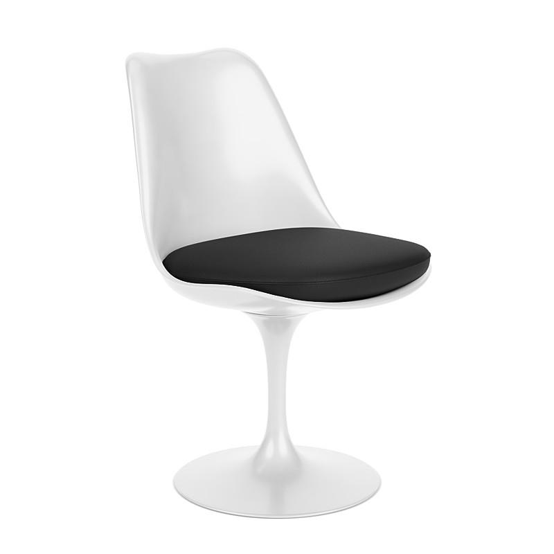 KNOLL chaise pivotante avec coussin TULIP (Coque et Pieds blanc / Coussin Cuir Noir VOBLK - Fibergla
