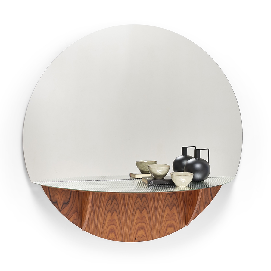 MOGG miroir mural ronde BRAME avec étagère (Canette - Verre et Palissandre de Santos)