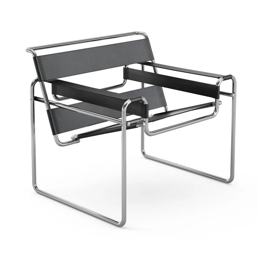 KNOLL fauteuil WASSILY by Marcel Breuer (Noir - Cuir Spinneybeck et acier)