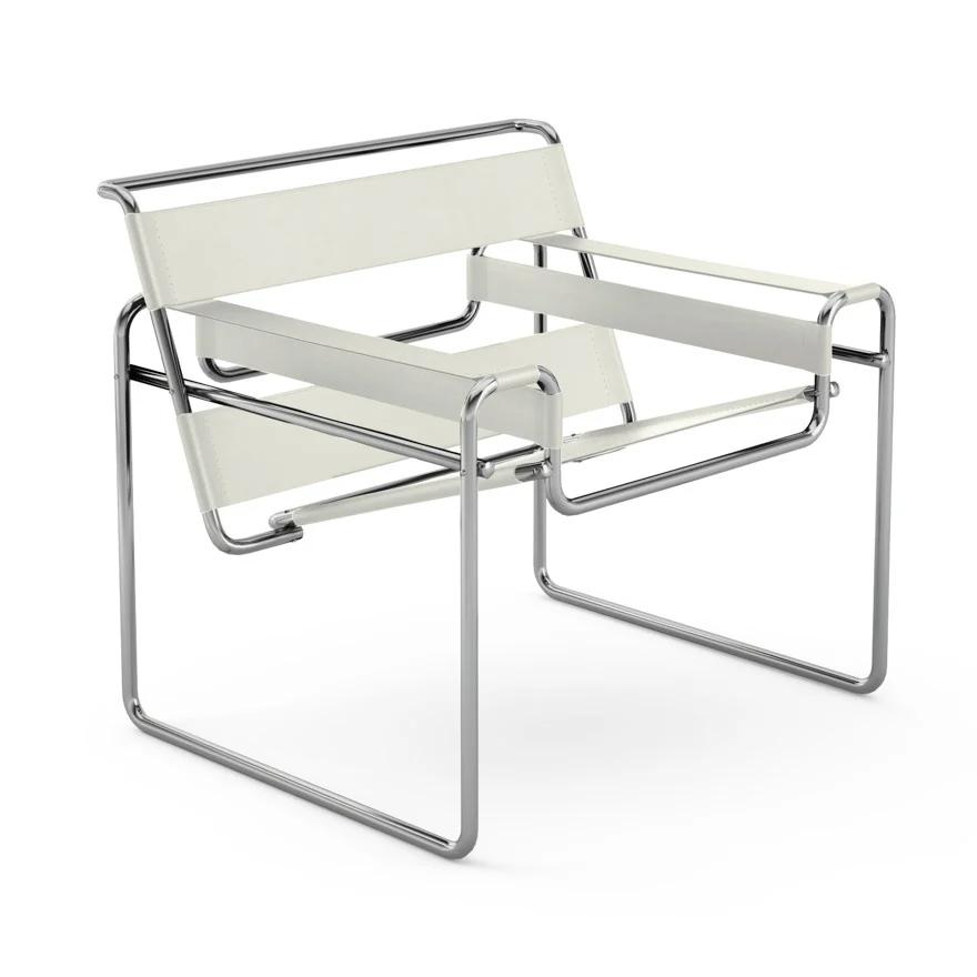 KNOLL fauteuil WASSILY by Marcel Breuer (Crème - Cuir Spinneybeck et acier)