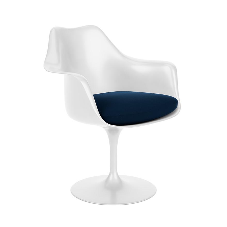 KNOLL fauteuil pivotant avec coussin TULIP (Coque et base blanc / Bleu - Fiberglass renforcé / tissu