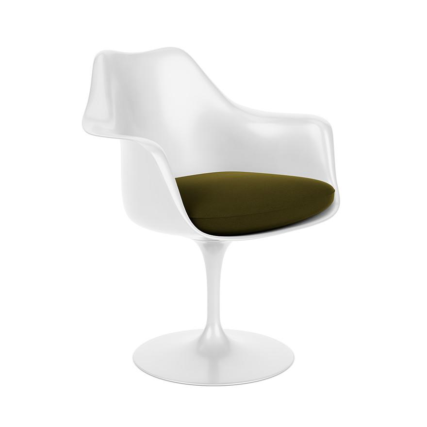 KNOLL fauteuil pivotant avec coussin TULIP (Coque et base blanc / Olive - Fiberglass renforcé / tiss