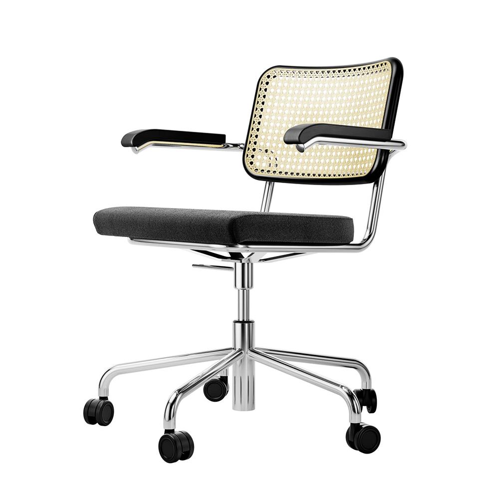 THONET chaise sur roulettes S 64 SPVDR avec accoudoirs, assise et dossier rembourrés en rotin indien tressé