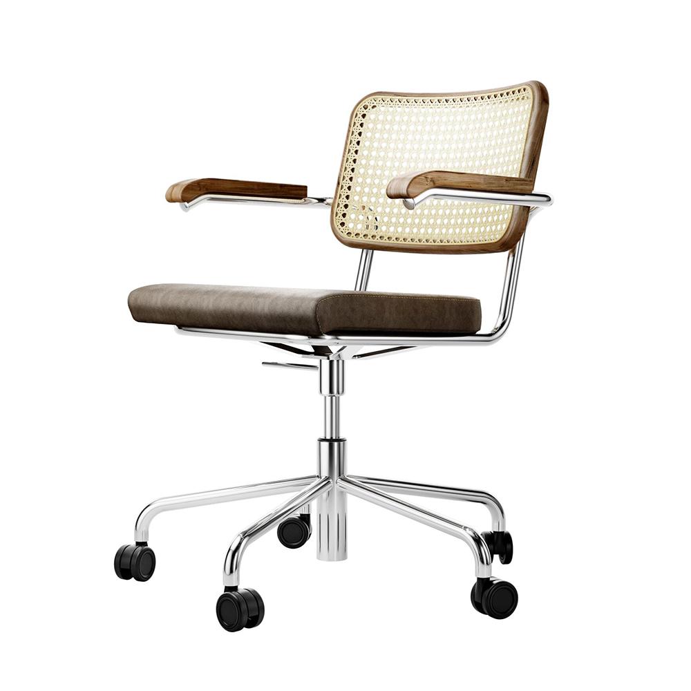 THONET chaise sur roulettes S 64 SPVDR avec accoudoirs, assise et dossier rembourrés en rotin indien tressé