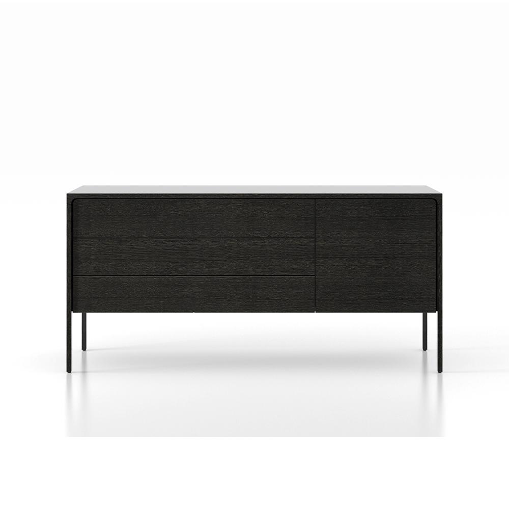 PUNT MOBLES buffet meuble TACTILE structure en chêne teinté gris avec 3 tiroirs et 1 porte