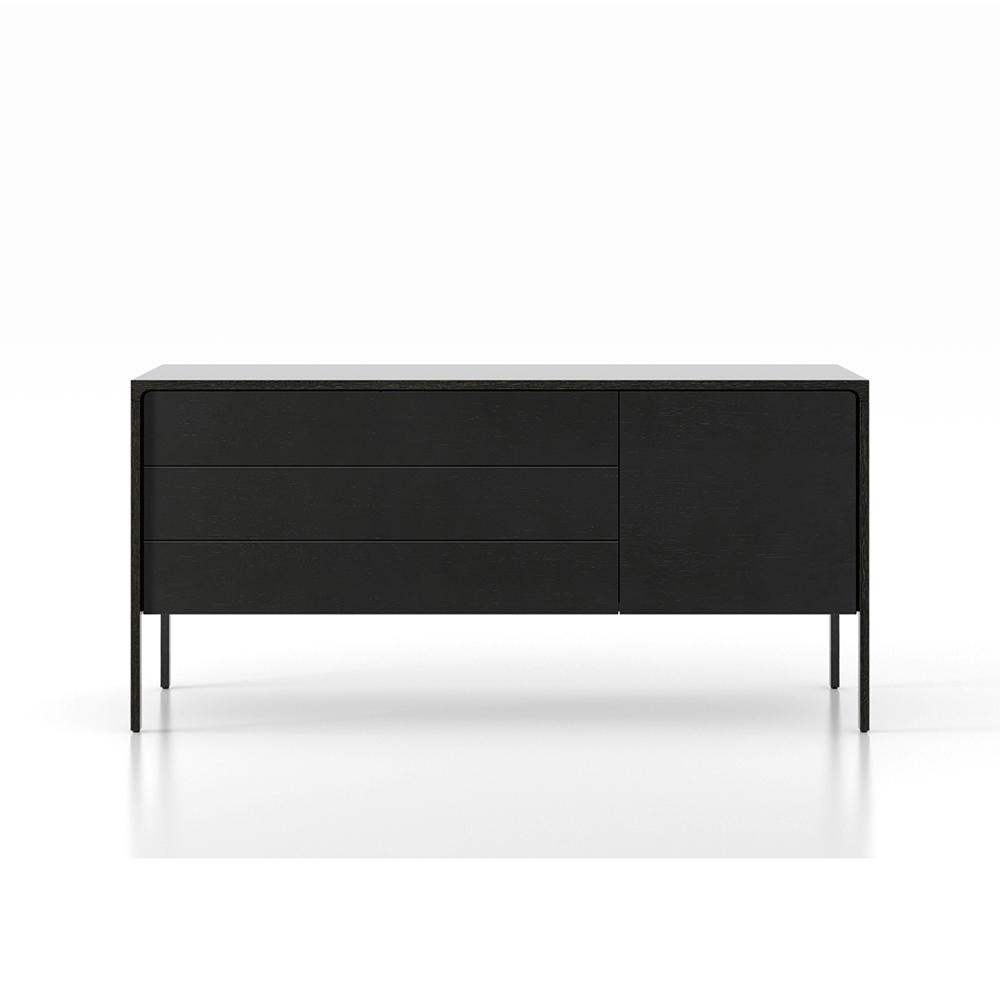 PUNT MOBLES buffet meuble TACTILE structure en chêne teinté gris avec 3 tiroirs et 1 porte