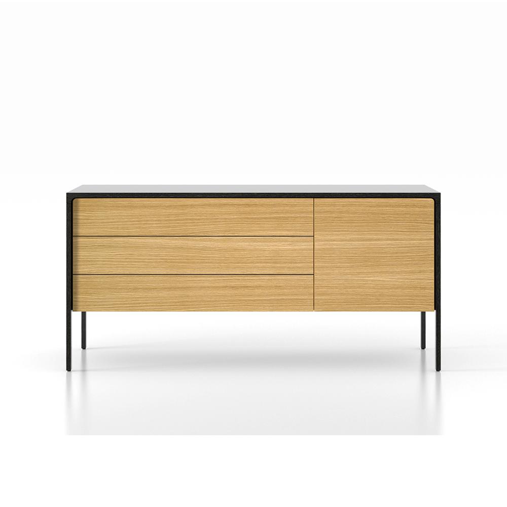 PUNT MOBLES buffet meuble TACTILE structure en chêne teinté gris avec 3 tiroirs et 1 porte