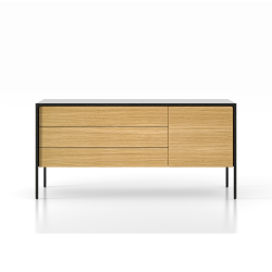 PUNT MOBLES buffet meuble TACTILE structure en chêne teinté gris avec 3 tiroirs et 1 porte