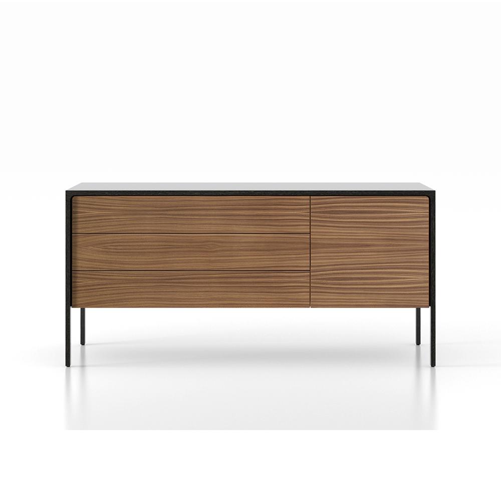 PUNT MOBLES buffet meuble TACTILE structure en chêne teinté gris avec 3 tiroirs et 1 porte