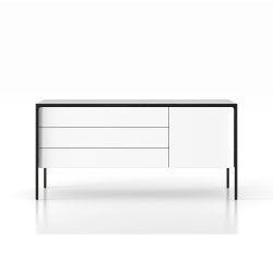 PUNT MOBLES buffet meuble TACTILE structure en chêne teinté gris avec 3 tiroirs et 1 porte