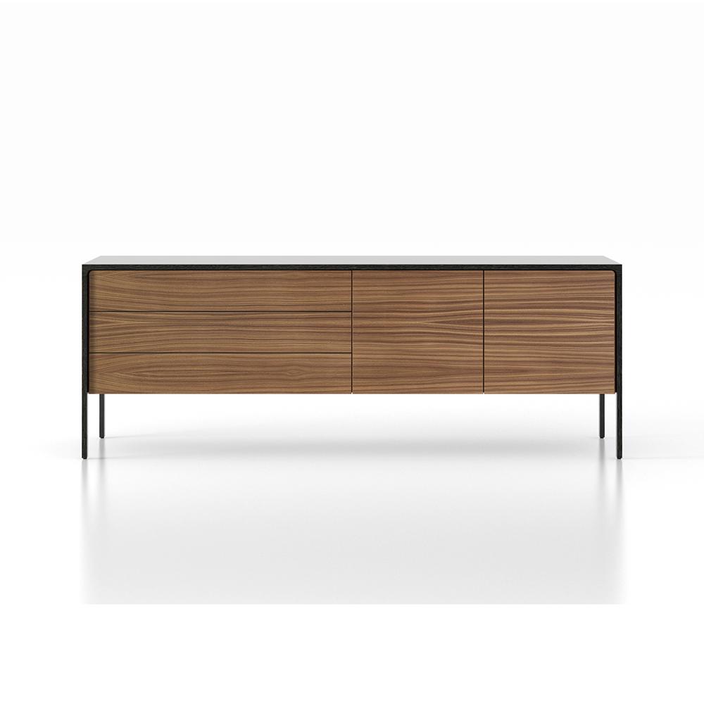 PUNT MOBLES buffet meuble TACTILE structure en chêne teinté gris avec 3 tiroirs et 2 portes