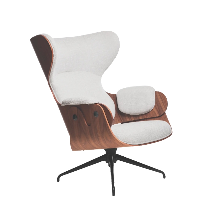 BD BARCELONA DESIGN armchair LOUNGER in walnut finish upholstered in light grey Gaudi fabric TG02